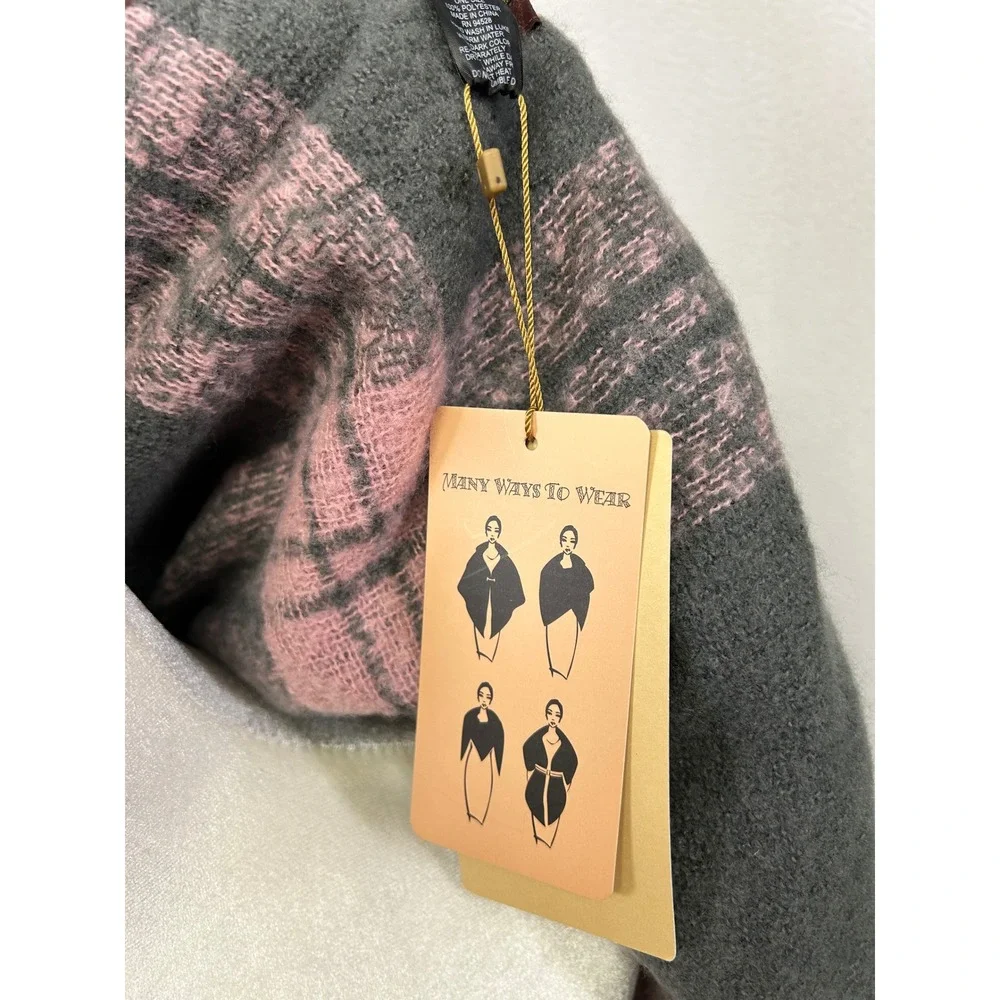 Cottagecore Altare Womens OS Pink Grey Plaid Fringed Toggle Wrap Shawl Cape 6311